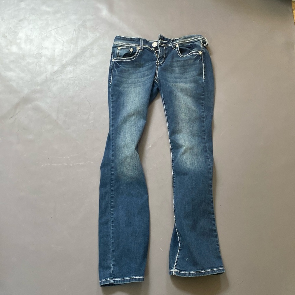 blue embroidered and rhinestoned bootcut jeans